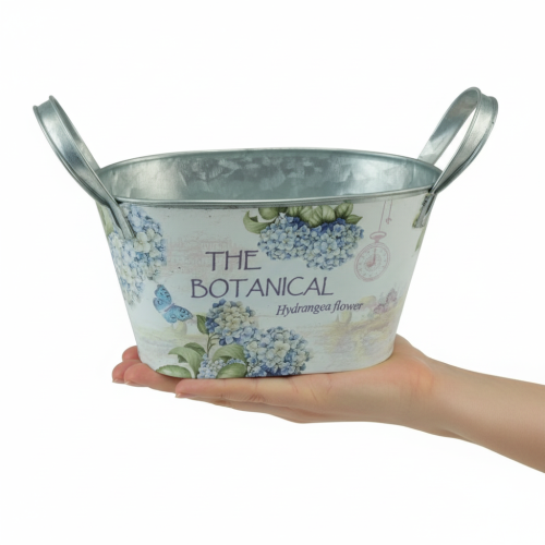 Artículo Maceta con asas, diseño de hortensias, metal, 26×13×14,5 cm