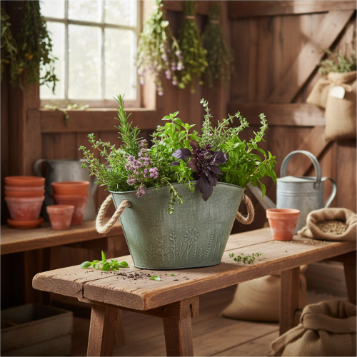 Artículo Maceta con asas, bolsa, metal, yute, 24,5 × 17 × 15,5 cm