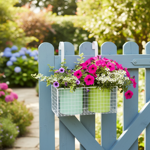 Artículo Maceta colgante de metal, verde, decoración para balcón, 22 cm de largo x 23,5 cm de alto.