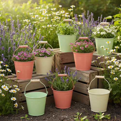 Artículo Cubo con asa, maceta, metal pastel, Ø10cm H8cm, 10 piezas