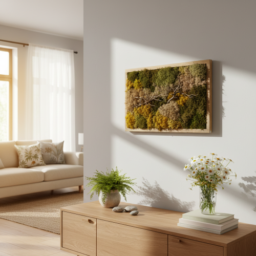 Artículo Cuadro de musgo, musgo y ramitas reales preservados, natural, 60×40 cm