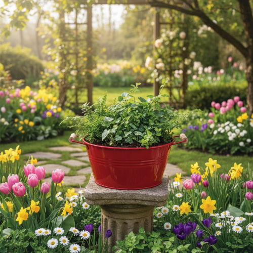 Artículo Bol decorativo con asas, bol de metal para flores, rojo, Ø29cm, H14.5cm