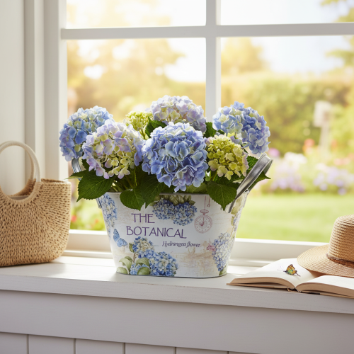 Artículo Maceta con asas, diseño de hortensias, metal, 26×13×14,5 cm