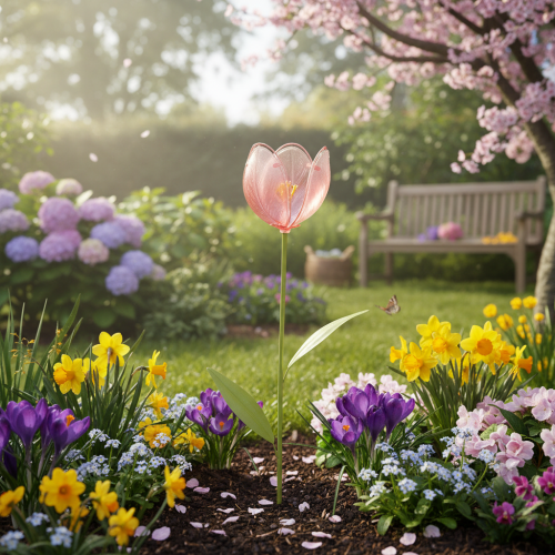 Artículo Estaca decorativa de jardín con forma de tulipán para macizos y bordes de flores, 94 cm.