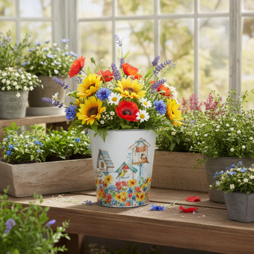 Maceta de metal con motivo, maceta con casitas para pájaros, cubo de hojalata H13cm Ø11.5cm | Floristik24.es