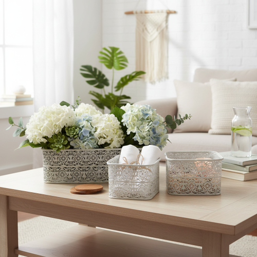 Artículo Cuencos metálicos con diseño de encaje, recipiente decorativo, cuadrados, estilo shabby chic, blancos, 27/23/19 cm, 13,5 cm de alto, juego de 3