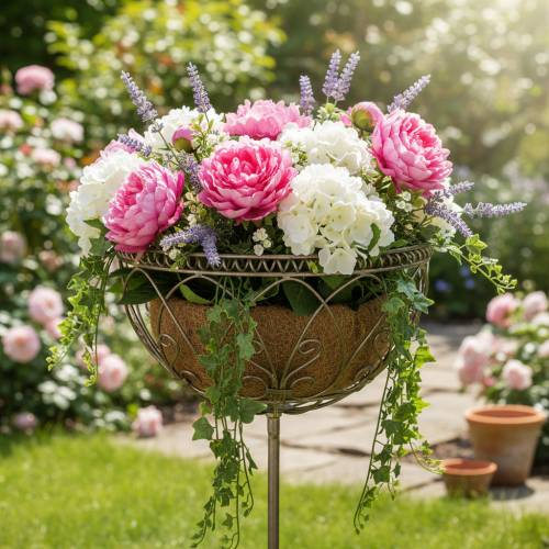 Artículo Cesta de jardín de metal, artículo decorativo de estilo vintage para un uso elegante en exteriores, 95 cm.