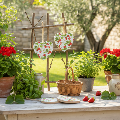 Artículo Corazón decorativo con motivo de fresa – Colgante de madera veraniego para decoración de estilo rústico, 10 cm x 10 cm, 4 unidades