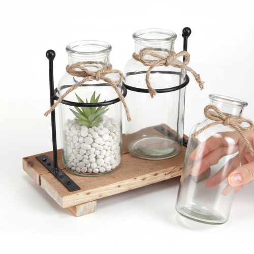 Jarrón decorativo de botella, vidrio y madera, 23x12x19,5 cm, 2 piezas | Floristik24.es
