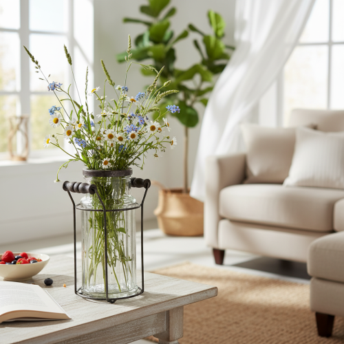 Artículo Botella de vidrio en una cesta de metal, ideal como elemento decorativo en el salón, 20 cm.