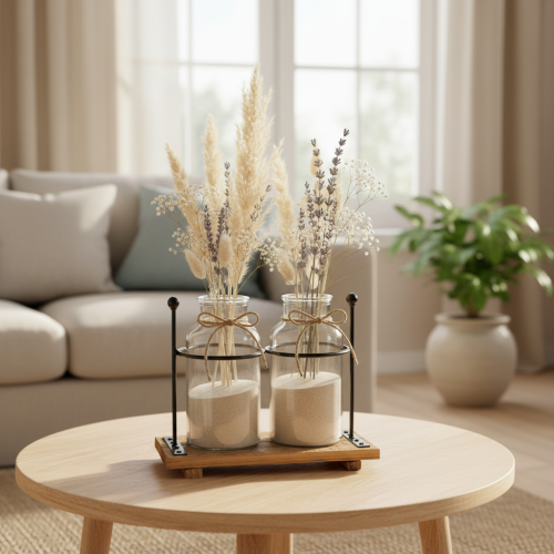 Jarrón decorativo de botella, vidrio y madera, 23x12x19,5 cm, 2 piezas | Floristik24.es