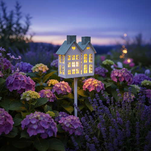 Artículo Casita iluminada en un palo - Decoración acogedora para un ambiente festivo en el jardín y el balcón - 80 cm