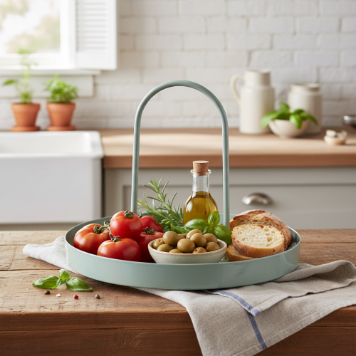 Artículo Bandeja decorativa para usar en la cocina y para decorar la mesa del comedor, con asa alta, 18 cm.