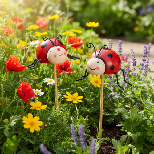 Artículo Estacas decorativas de jardín con forma de mariquita, ideales para primavera y verano, con forma de flor, 31 cm, 4 unidades.