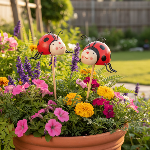Artículo Estacas decorativas de jardín con forma de mariquita, ideales para primavera y verano, con forma de flor, 31 cm, 4 unidades.