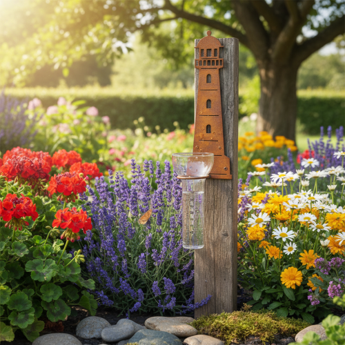 Artículo Pluviómetro con forma de faro y aspecto oxidado – Pluviómetro decorativo para jardín y valla de 41 cm con aspecto oxidado