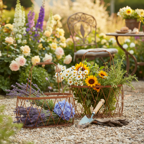 Cesta ovalada de alambre con asa, decoración de jardín, acabado óxido, 30/25 cm, juego de 2 | Floristik24.es