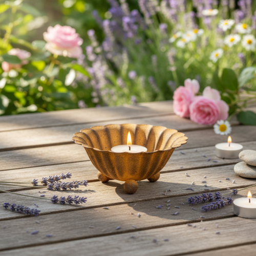 Artículo Portavelas vintage, cuenco pequeño, metal color óxido, Ø10cm, H4.5cm