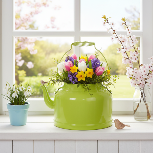 Tetera decorativa de metal, verde manzana - maceta - Ø20cm H15cm - decoración versátil para el jardín e idea de regalo | Floristik24.es