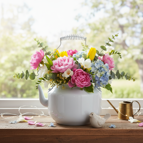Tetera decorativa de metal con aspecto vintage para arreglos florales. | Floristik24.es