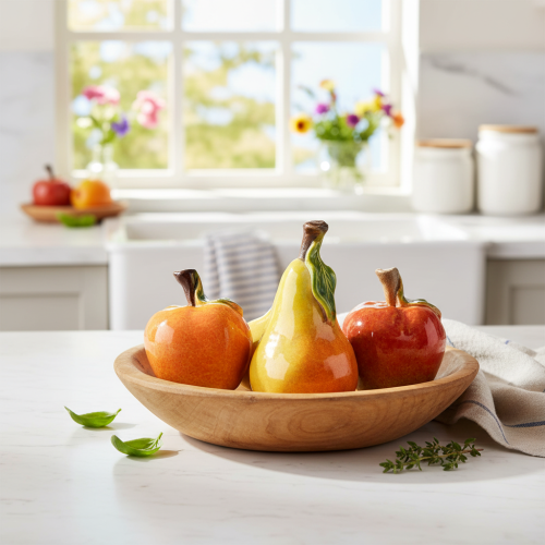 Juego de frutas artificiales: manzana y pera, artículo decorativo de otoño, 12 cm, 3 piezas. | Floristik24.es