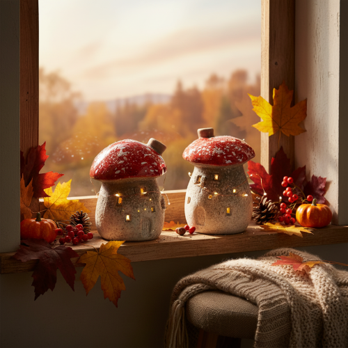 Figura decorativa de casa de hongos con faro y amanita muscaria con chimenea, 10 cm, 2 unidades. | Floristik24.es