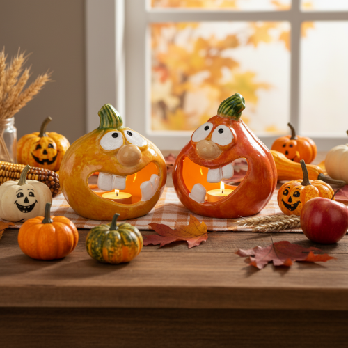 Figura decorativa de calabaza y portavelas, cara divertida, decoración otoñal, 12 cm, 2 piezas | Floristik24.es