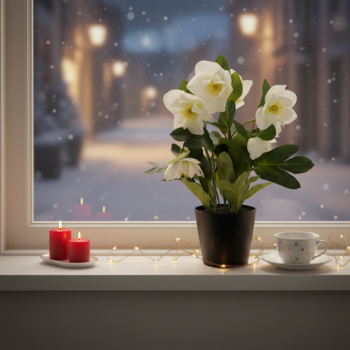 Rosa artificial de Navidad, planta en maceta, decoración de mesa, 34 cm. | Floristik24.es