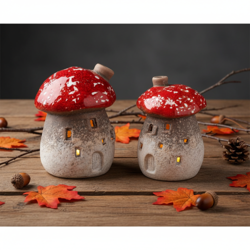 Figura decorativa de casa de hongos con faro y amanita muscaria con chimenea, 10 cm, 2 unidades. | Floristik24.es