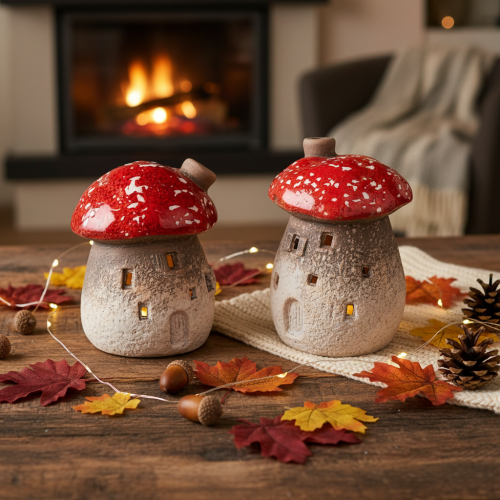 Figura decorativa de casa de hongos con faro y amanita muscaria con chimenea, 10 cm, 2 unidades. | Floristik24.es