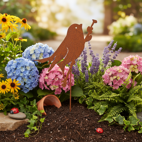 Estaca decorativa para pájaros de jardín, de metal oxidado, 52 cm. | Floristik24.es