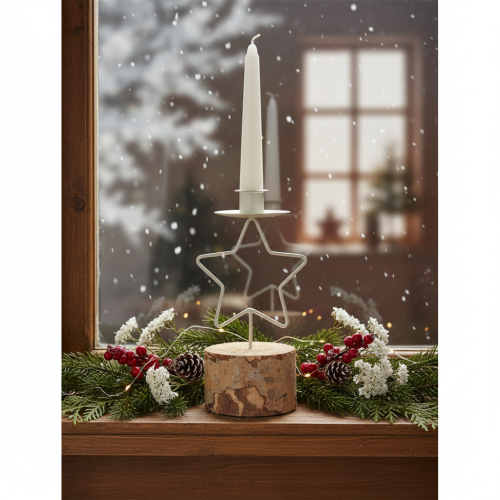 Portavelas en forma de estrella con base de madera para una vela de 20 cm. | Floristik24.es