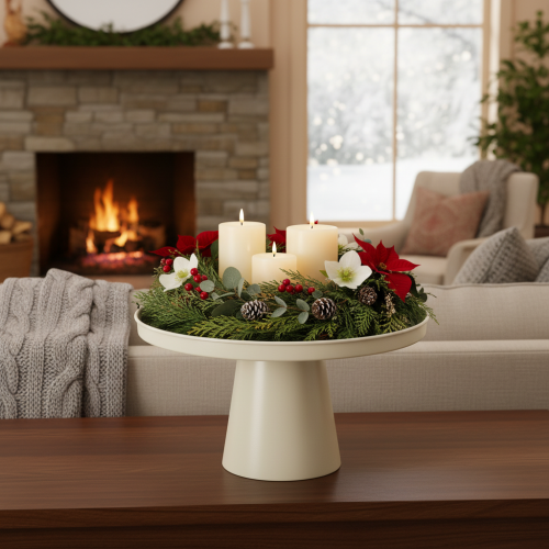 Bandeja redonda decorativa en color crema, de 30 cm, con soporte para decoración de mesa. | Floristik24.es