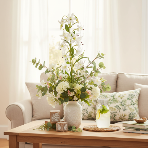 Lirio blanco artificial con rama larga en flor, decorativo, 80 cm. | Floristik24.es