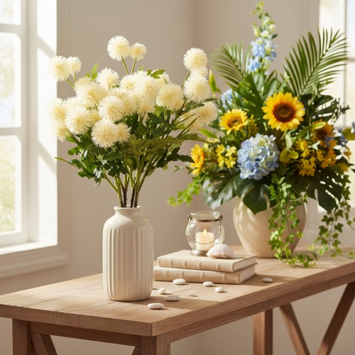 Flor de crisantemo artificial, ramo blanco crema, rama decorativa, grande 56 cm, 4 piezas | Floristik24.es