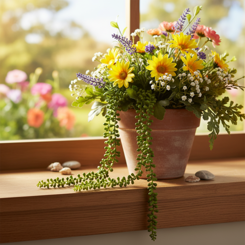 Guirnalda colgante de plantas artificiales con suculentas para decorar la sala de estar. | Floristik24.es