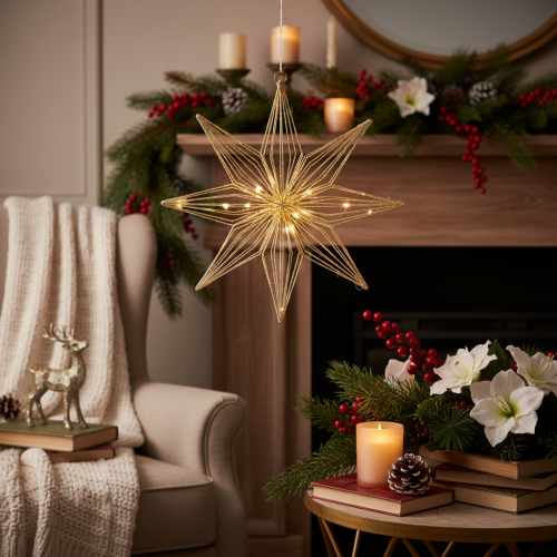 Estrella decorativa LED de alambre para colgar, para uso interior, funciona con pilas, 51 cm. | Floristik24.es