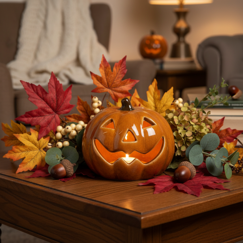 Calabaza de cerámica con luz LED, decoración pequeña de Halloween de 10 cm. | Floristik24.es
