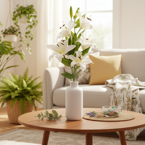 Lirios artificiales, 6 flores blancas, rama florida de aspecto realista, 66 cm. | Floristik24.es