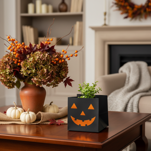 Artículo Maceta decorativa de Halloween con forma de cara de calabaza hecha con bolsas de papel, 10 cm, 6 unidades