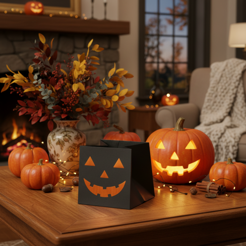 Artículo Maceta decorativa de Halloween con forma de cara de calabaza hecha con bolsas de papel, 10 cm, 6 unidades
