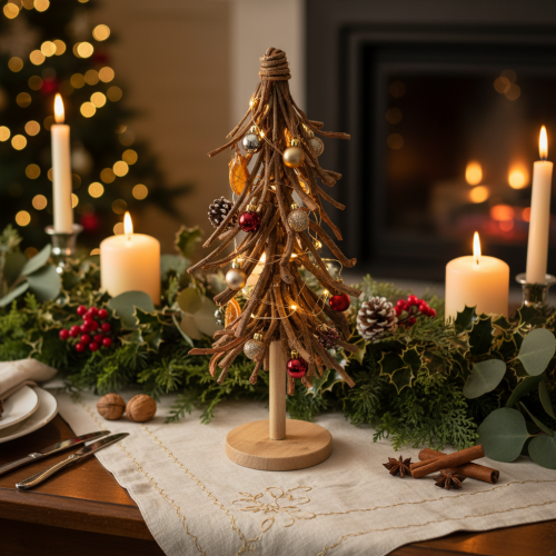 Árbol de Navidad hecho de ramas de sauce sobre una base de madera, 48 cm. | Floristik24.es
