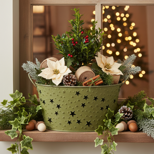 Bol de metal con estrellas y asas, verde, Ø20cm, H11,5cm | Floristik24.es