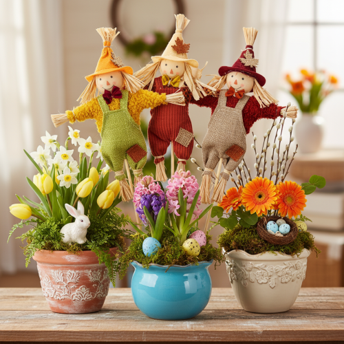 Figura decorativa de espantapájaros sobre un palo para manualidades y plantas, 60 cm. | Floristik24.es