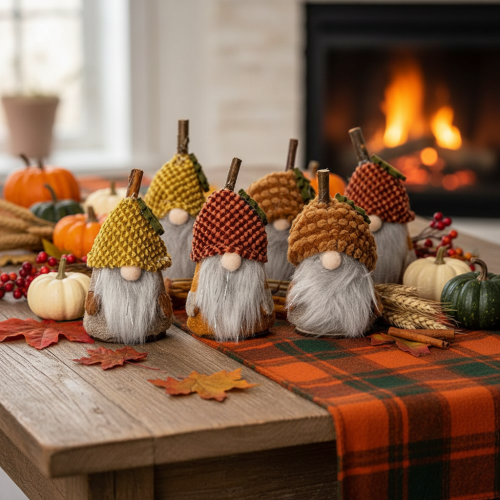 Conjunto de figuras de gnomos con gorro de punto y bellota, 10 cm, 6 piezas. | Floristik24.es