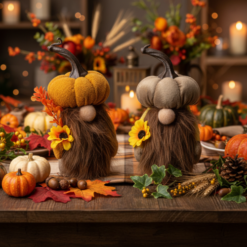 Figura otoñal de gnomo calabaza con girasol y barba, 16 cm, 2 unidades. | Floristik24.es