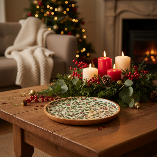 Plato decorativo navideño con motivo de acebo, 25 cm. | Floristik24.es
