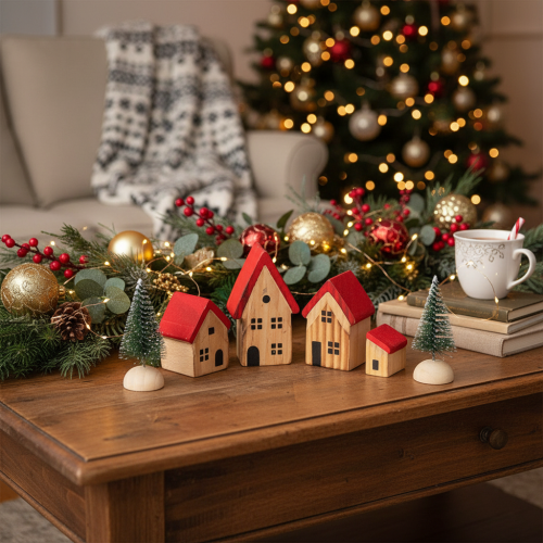 Conjunto de casitas decorativas de madera con tejados rojos y abetos, 12 cm, 6 piezas | Floristik24.es