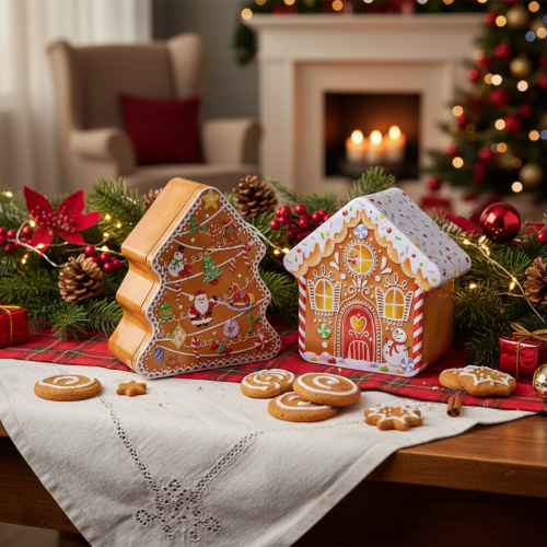 Lata navideña, lata para galletas, árbol y casa de Navidad, estilo pan de jengibre, 14 cm, 2 piezas | Floristik24.es