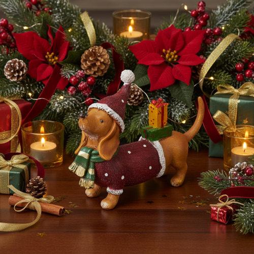 Artículo Figura decorativa de perro salchicha con paquete de regalo y sombrero, 18 cm.